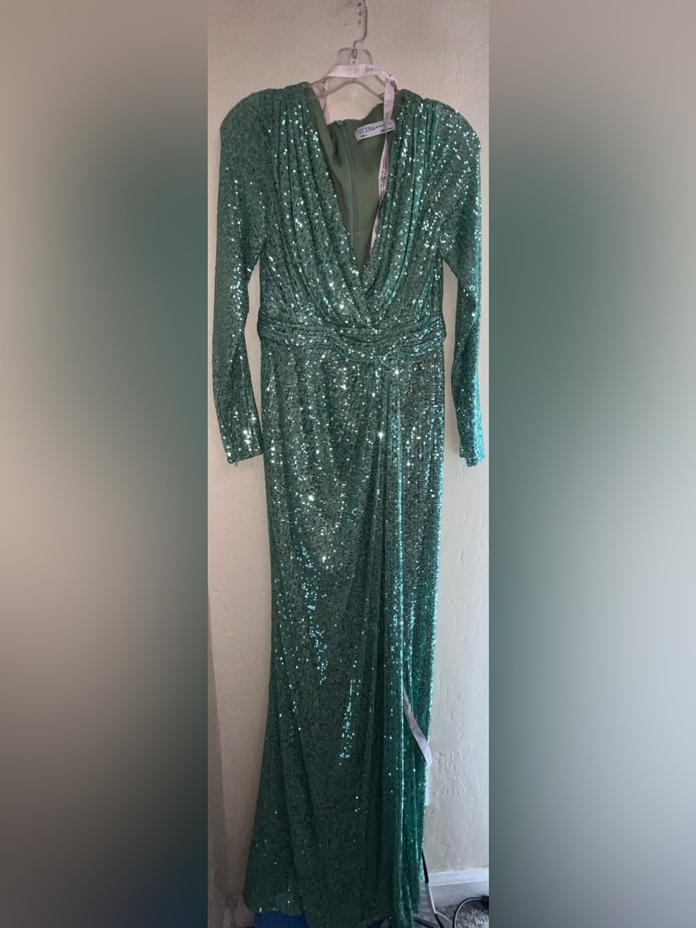NWT Ieena for Mac Duggal Seafoam Sequin Long Sleeve Gown | Size 6
